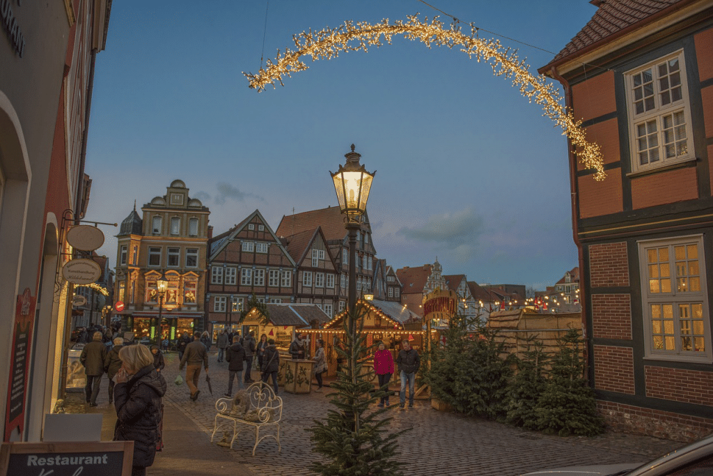 Piazza decorata con alberi e luci di Natale a Vienna
