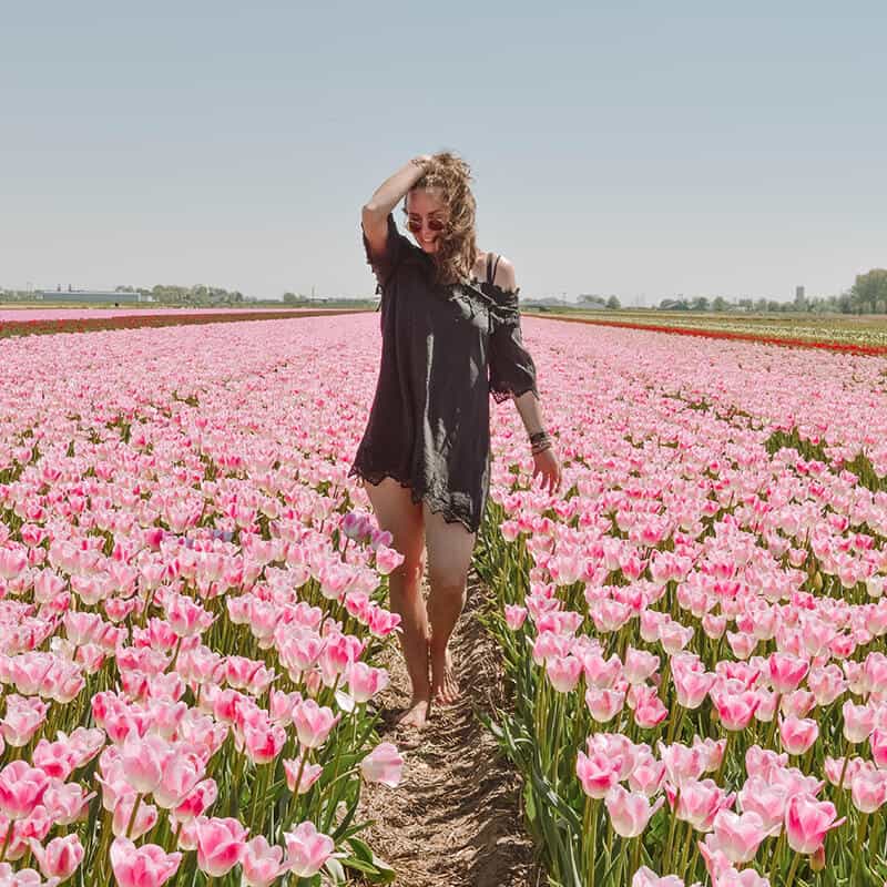 Girl walking through one of the tulip fields near Amsterdam in spring