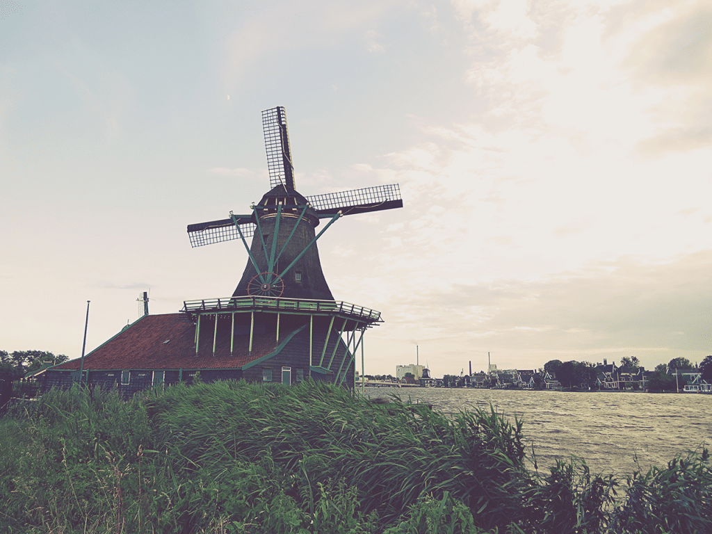 Windmill at Zaanse Schans at sunset in the Netherland