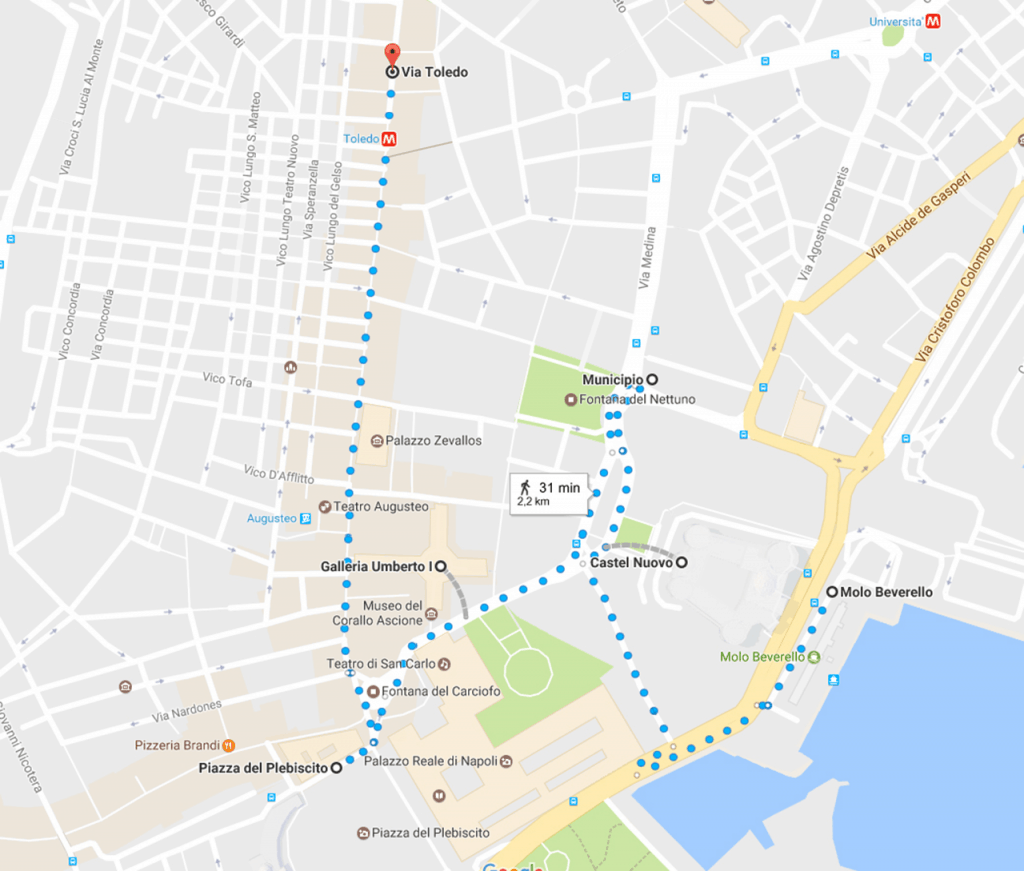 Map of the self walked itinerary for one day in Naples