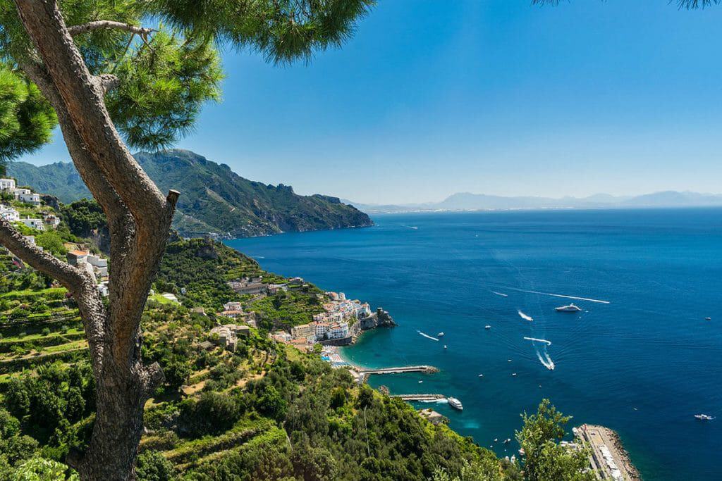 View of the Amalfi Coast and the sea from the road