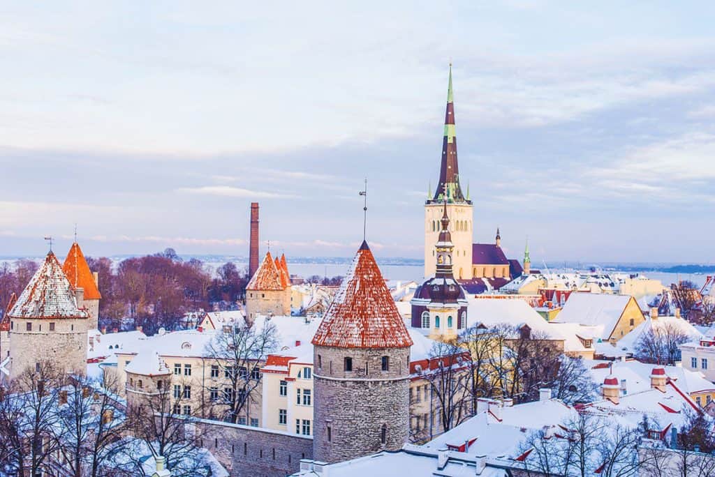 Overview of Tallinn in December on a snowy Christmas