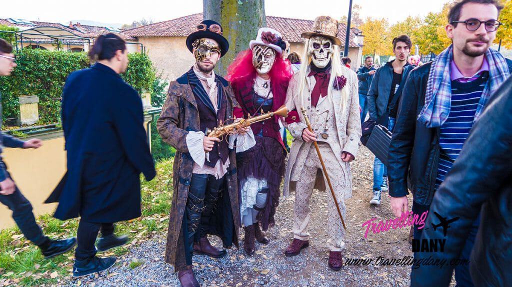 Steampunk Cosplayers with a line of people waiting for a picture