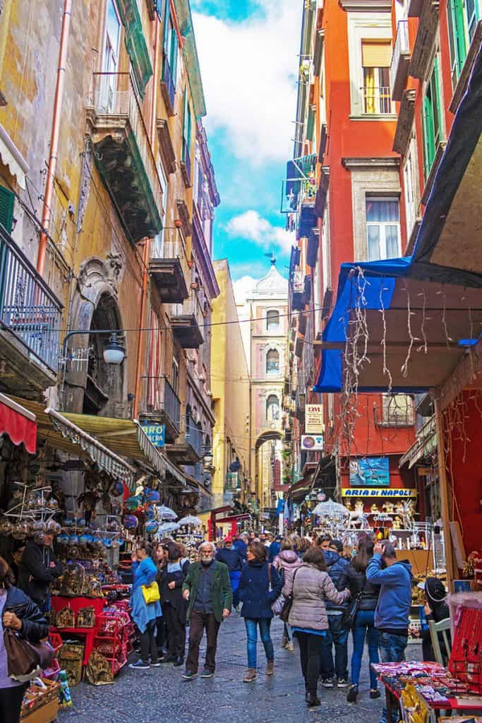 Nativity street in Naples with vendors selling terracotta figurines