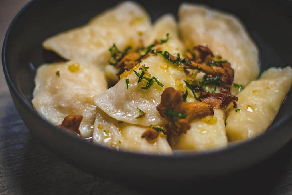 A delicious bowl of mushroom pierogi