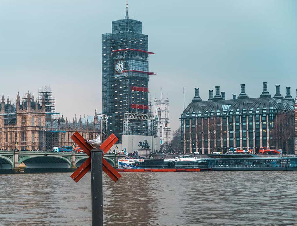 The Big Ben wrapped up for renovations from the other side of the Thames