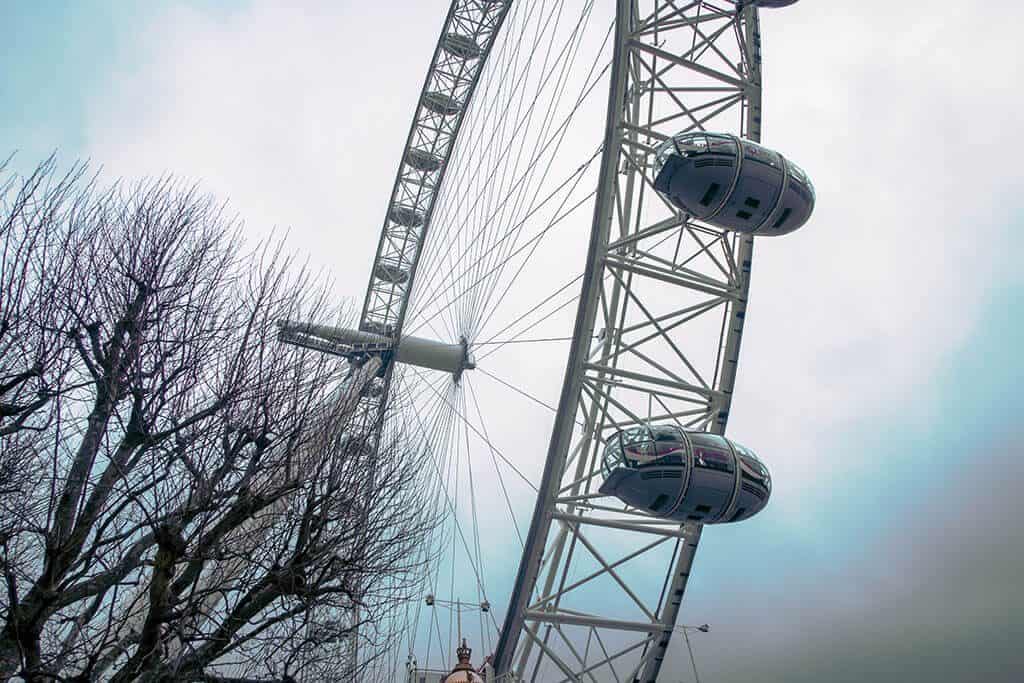 Capsules of the Coca Cola London Eye on a rainy day