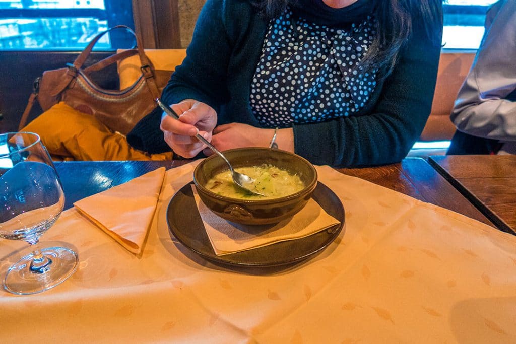 Dany eating the Old Bohemian soup at Restaurant Zvonice a Praga