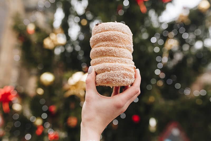 Donna regge un tdlo davanti a un albero di Natale