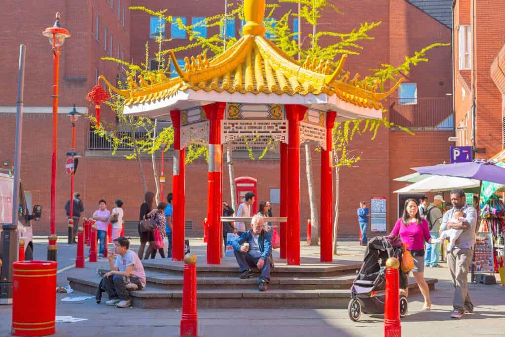 Colorful pagoda in London's Chinatown on a sunny day