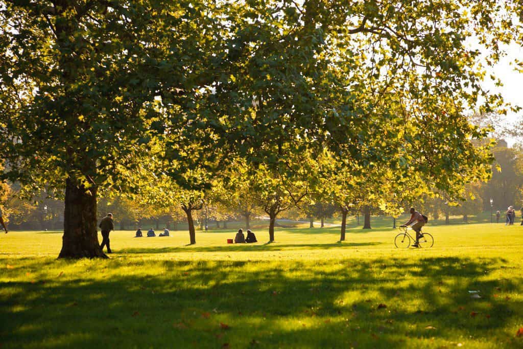 Persone si rilassano al sole al Primrose Hill Park di Londra