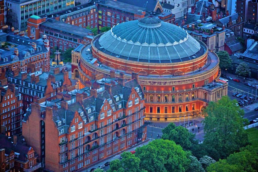 Drone shot of Royal Albert Hall in London at night