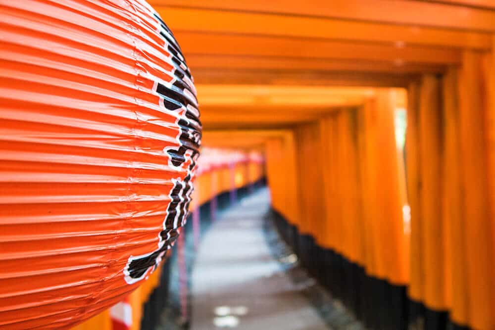 Fushimi Inari Shrine - Lanterna rossa con i torii vermiglio sullo sfondo