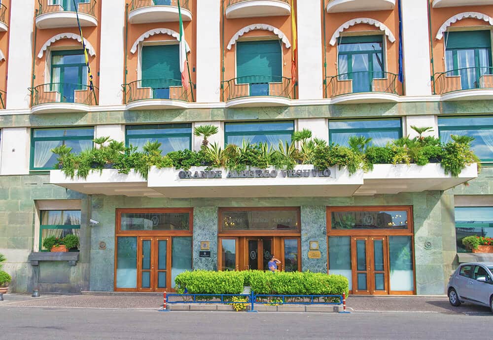 Entrance to the Grand Hotel Vesuvio in Santa Lucia, Naples, Italy as the best area to stay in Naples