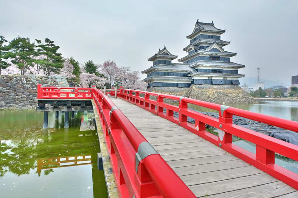 Matsumoto Castle (Japan) in spring with a bunch of cherry trees next to it