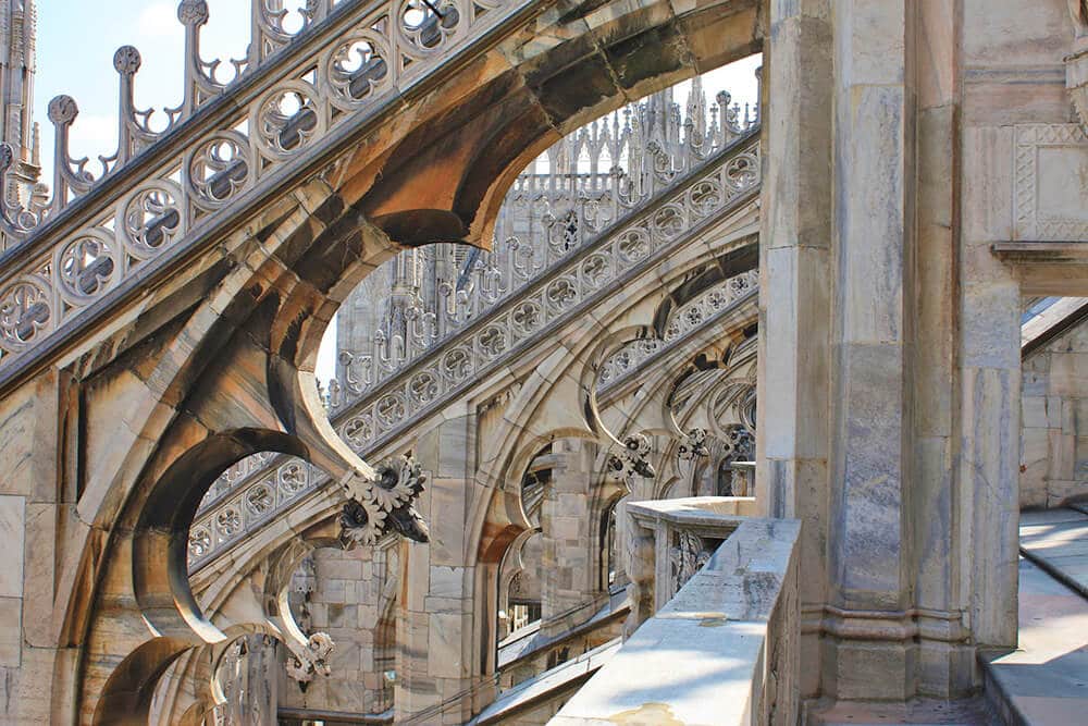 View of the intricate architecture on the Duomo terrace in Milan (Italy)