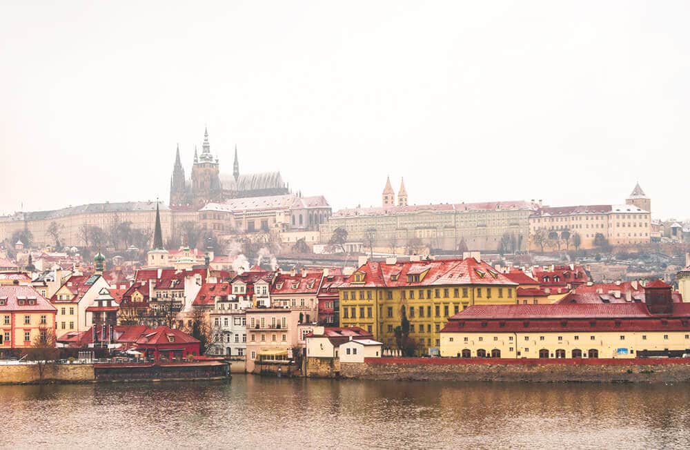 Reed tile roofs in Mala Strana (Prague) covered in snow 