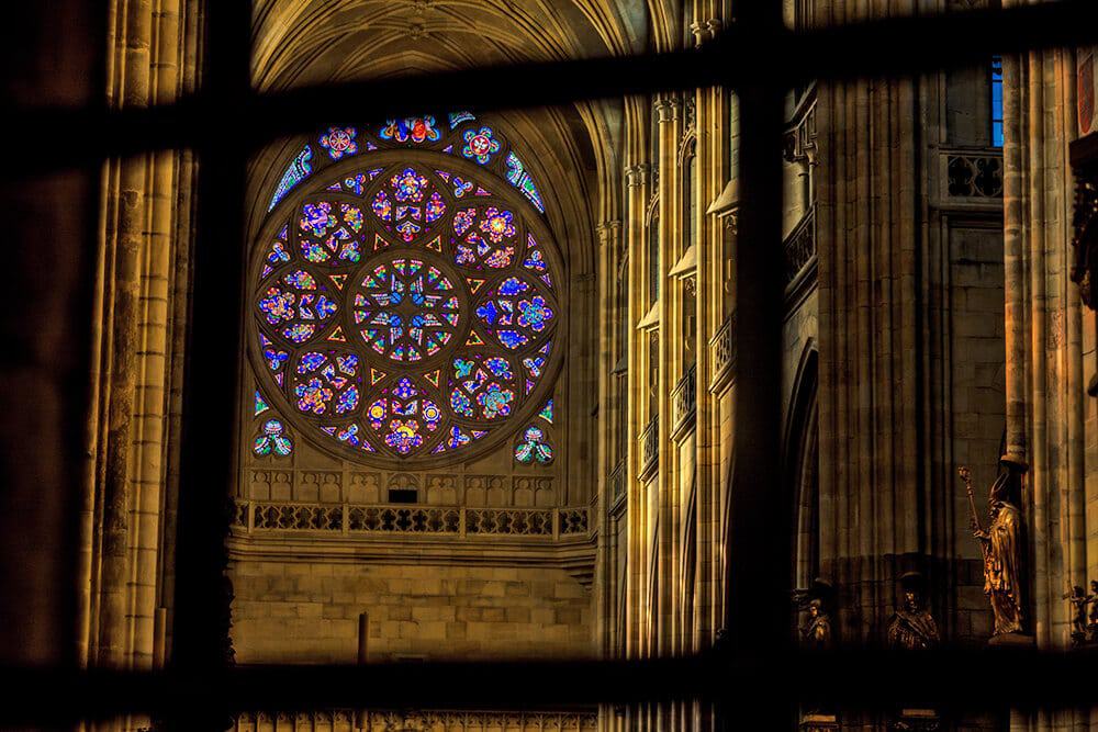 The stained windows at St. Vitus Cathedral inside Prague Castle