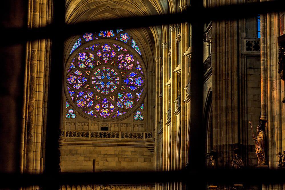 The stained windows at St. Vitus Cathedral inside Prague Castle