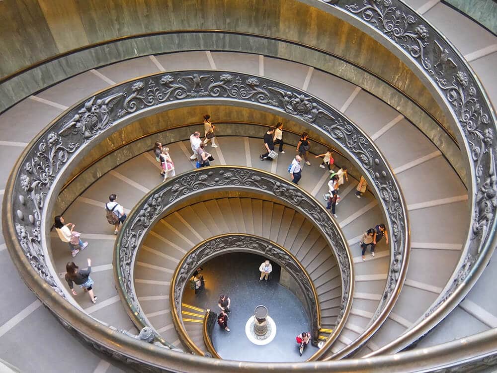 The spiral staircase at the Vatican Museum seen from above