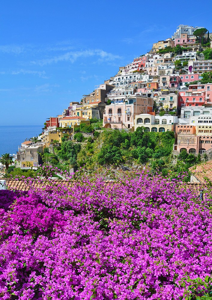 Vacanze al mare in Costiera Amalfitana | Bouganvillea in fiore con la collina di Positano sullo sfondo