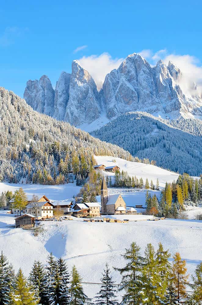 Dolomites with snow in Italy in winter