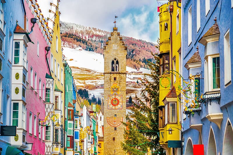 Colorful houses at Vipiteno in Italy in January 