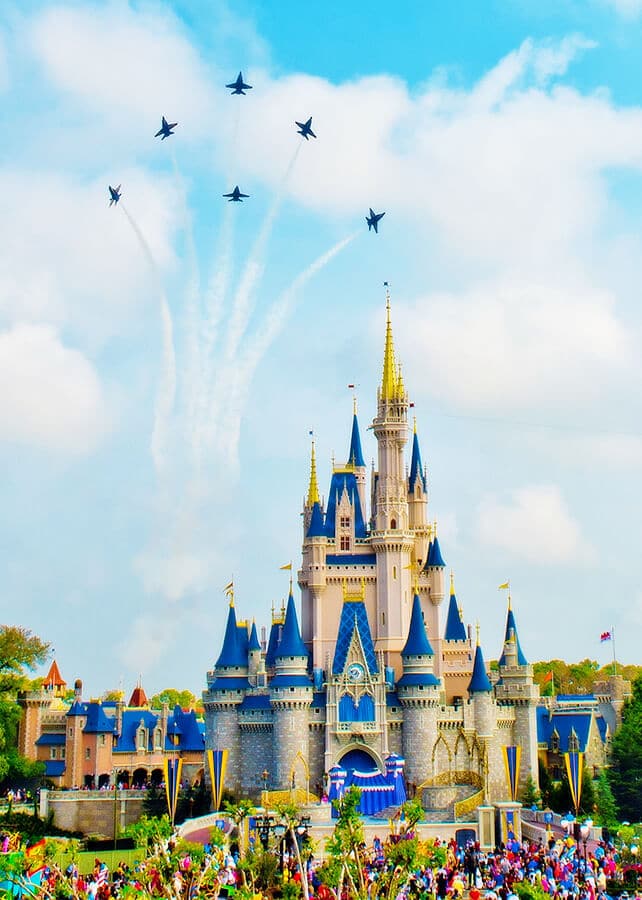 Disney World tips for first timers  | View of Cinderella Castle with Blue Angels flying at its back