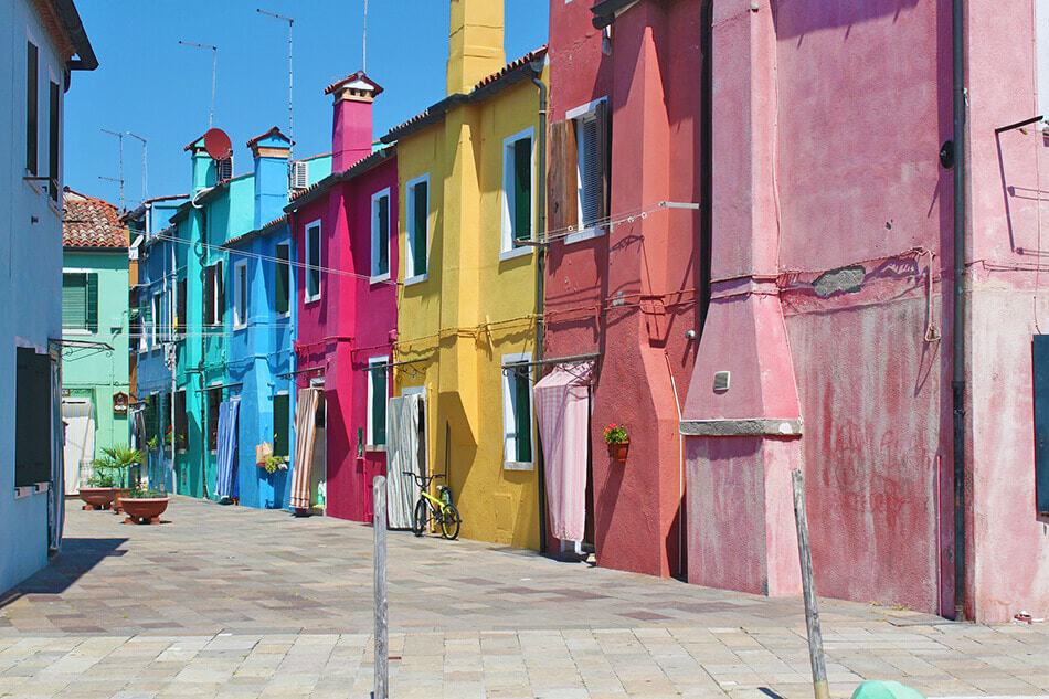 Colorful houses in Burano, near Venice in Italy on a sunny day