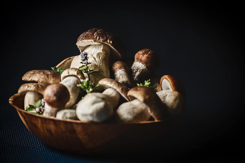 A wooden bowl with Italian Porcini mushroom, specifically the "Summer Porcini"