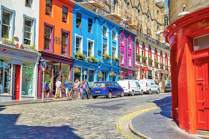 View of the colorful spots at Victoria Street in Edinburgh known as Harry Potter Diagon Alley