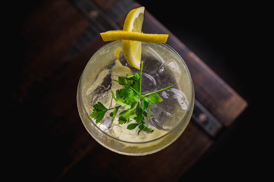 A glass of Edinburgh gin with ice cubes, lemon slices and parsley