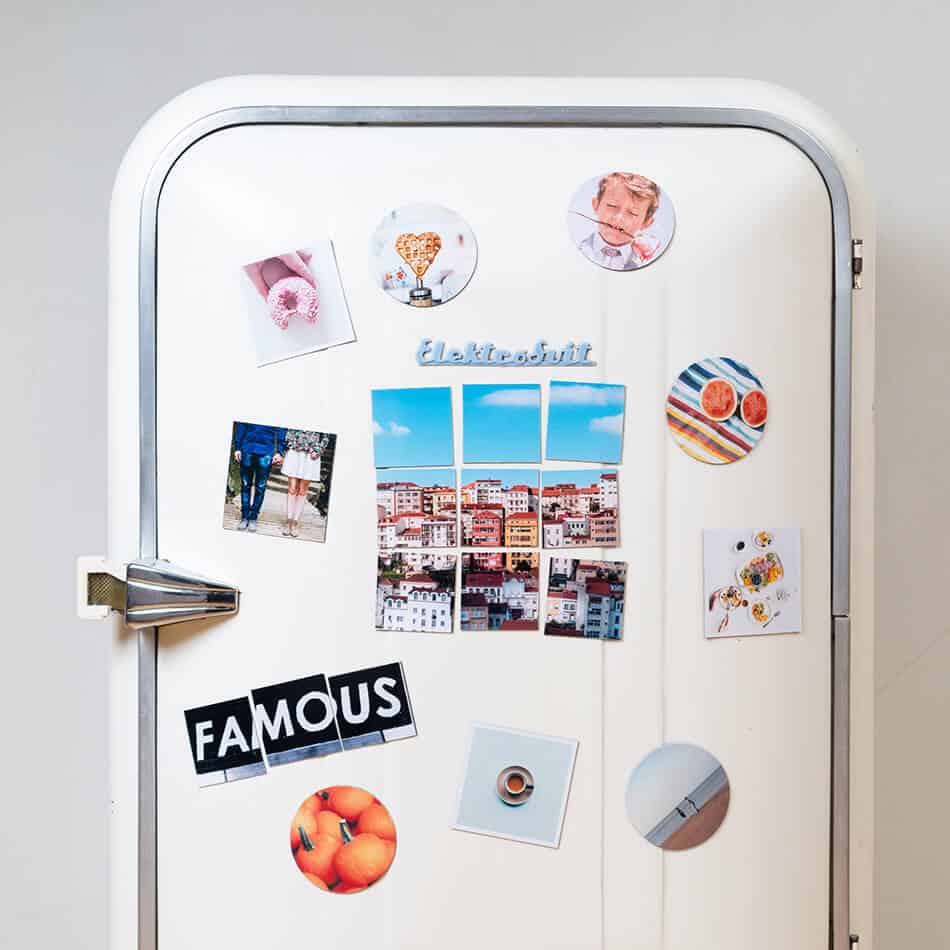 Vintage fridge covered in fridge magnets