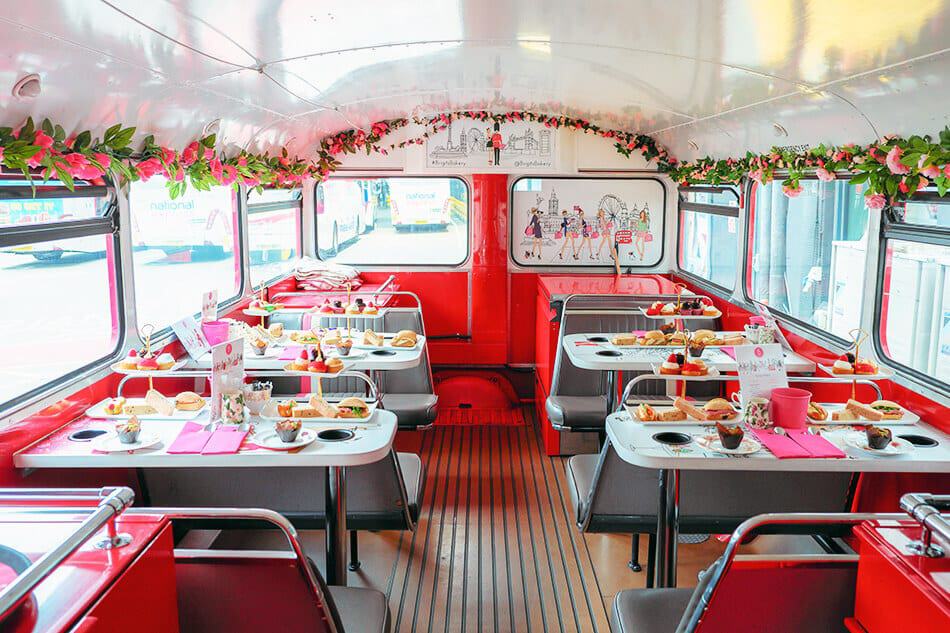 The inside of the afternoon tea bus in London