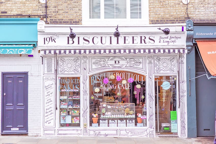 The very cute Biscuiteers shop entrance at Notting Hill London