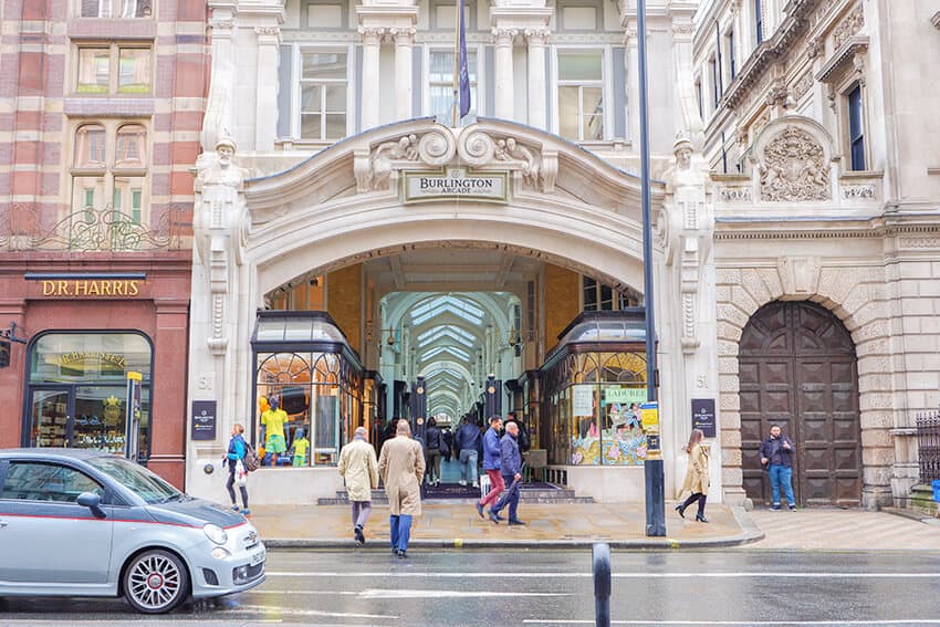 The beautifully decorated entrance to Burlington Arcade mall in London