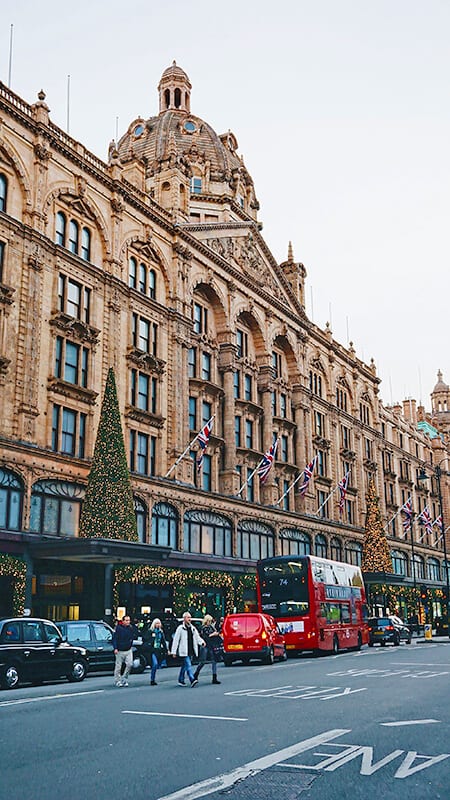 Harrods in London with a Christmas tree and Christmas decorations