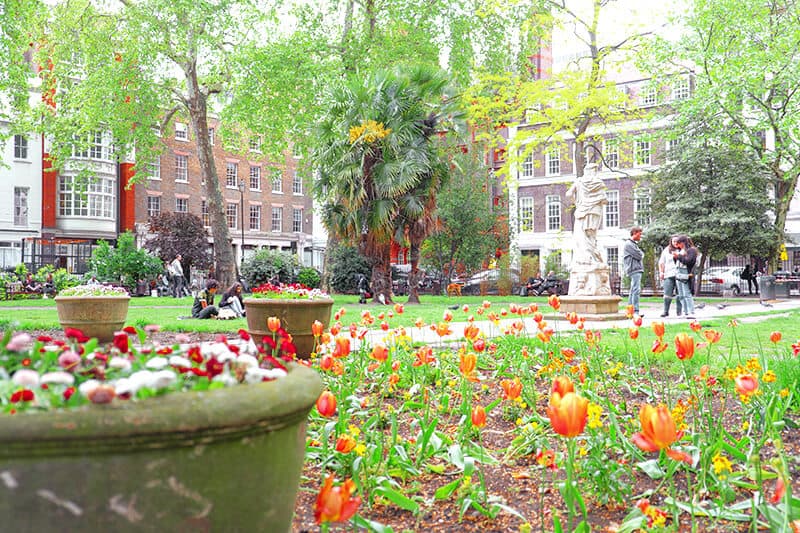 One of London gardens in spring with tulips and flowers