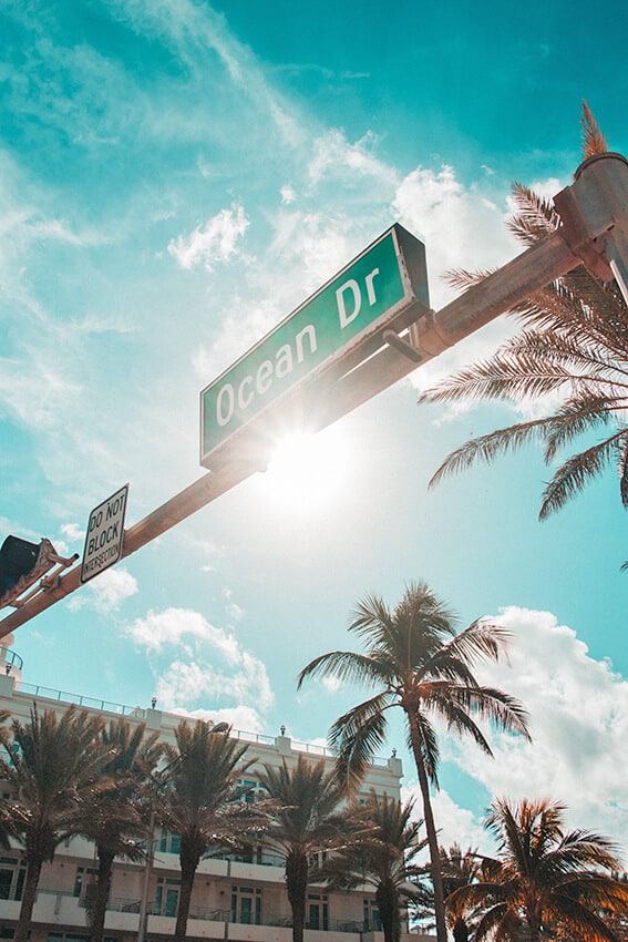 Palms and the Ocean Drive sign in Miami