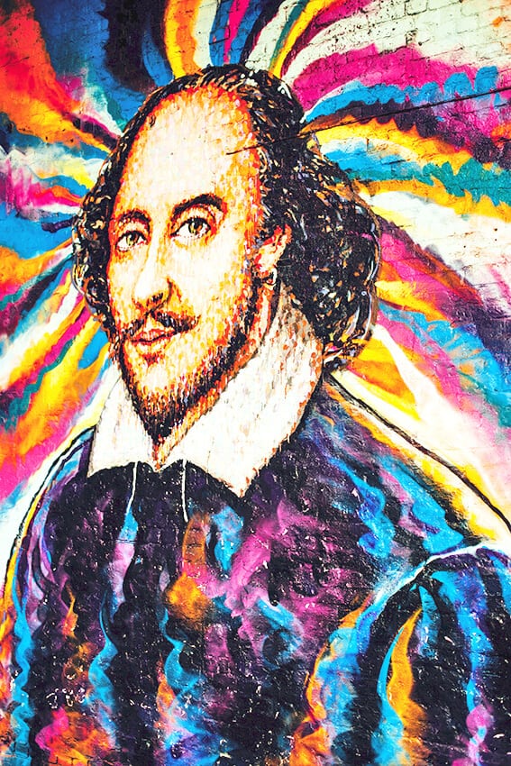 Colorful street art in London representing Shakespeare