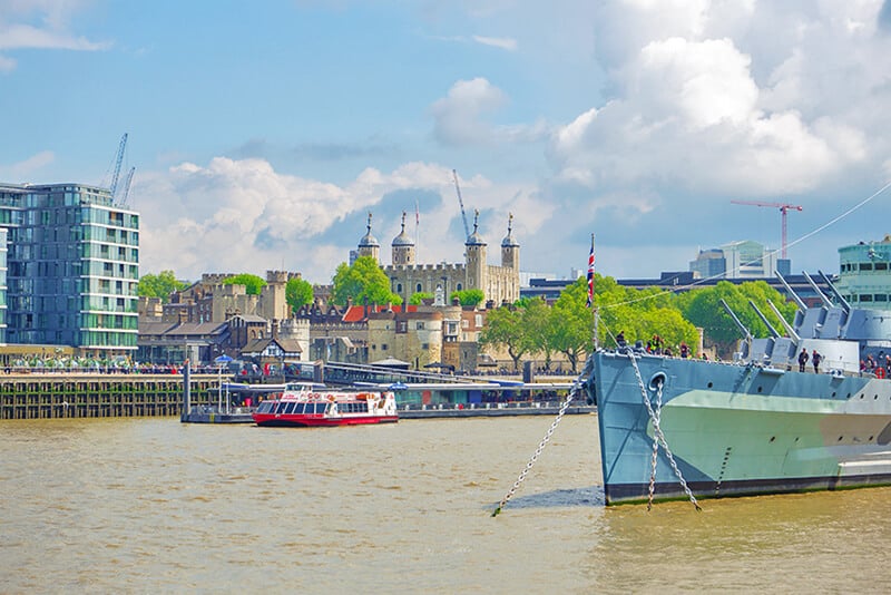 View of the Tower of London from the riverbank