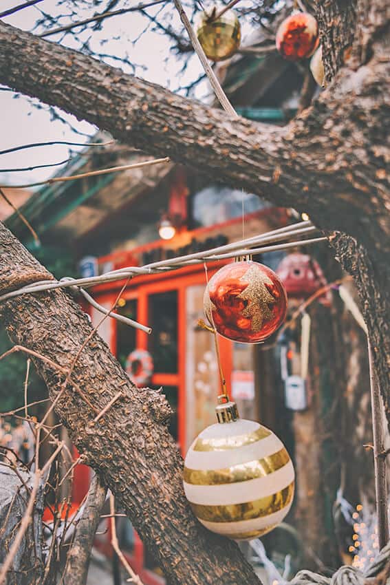 Italian Christmas decorations on a tree in the Italian Dolomites