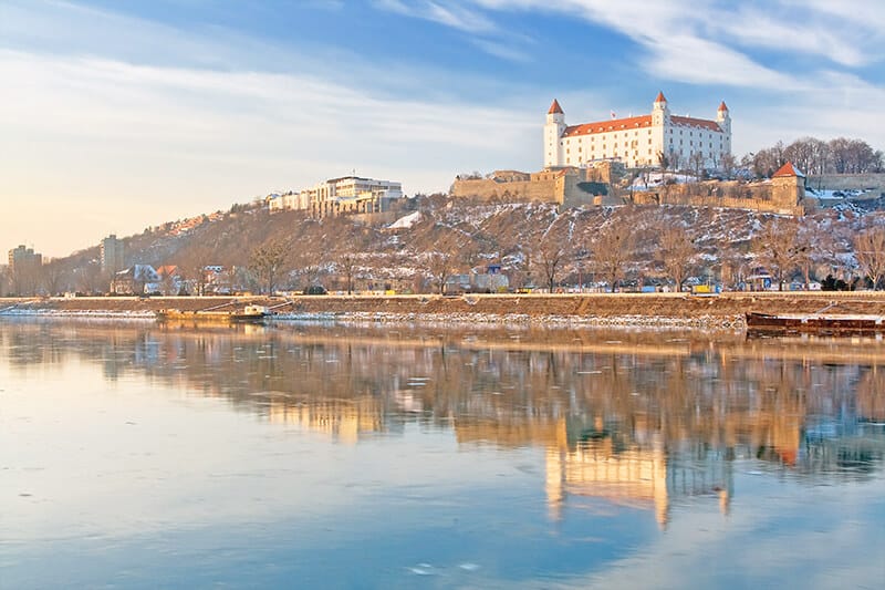 Bratislava Castle covered in snow on a cold winter day