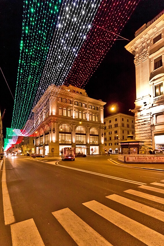 Italian flag made of lights at Christmas in Italy
