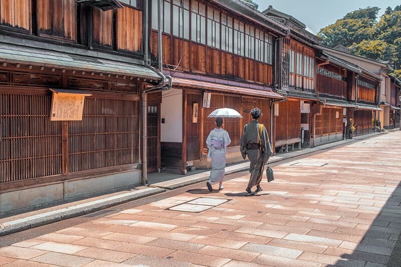 Japanese man and woman dressed with traditional kimonos in Higashi Chaya district in Kanazawa Japan