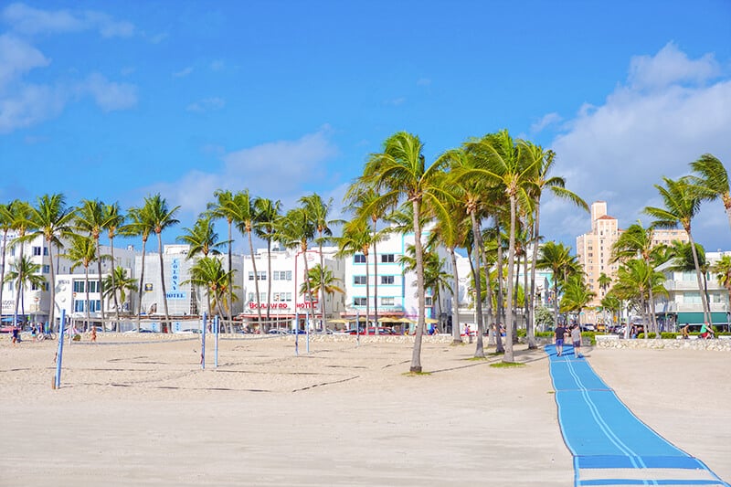 View of Ocean Drive in Miami from the beach with Florida gifts and souvenirs shops