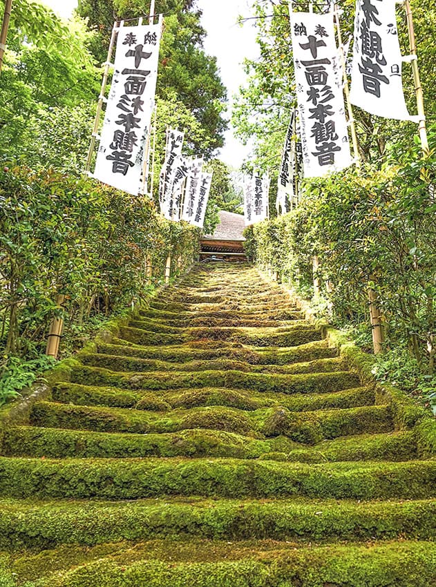 Scalinata in pietra con muschio nella zona di Chichibu in Giappone