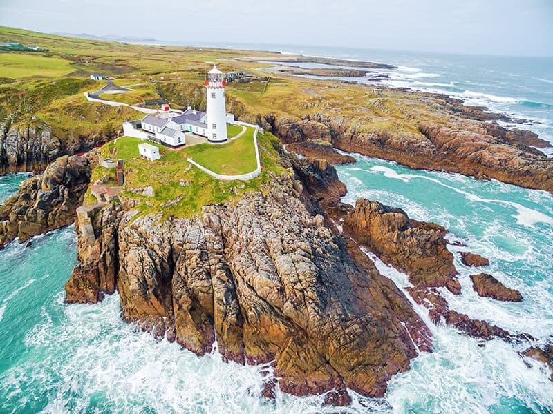 The Fanad Head lighthouse  on the Irish coast seen from above