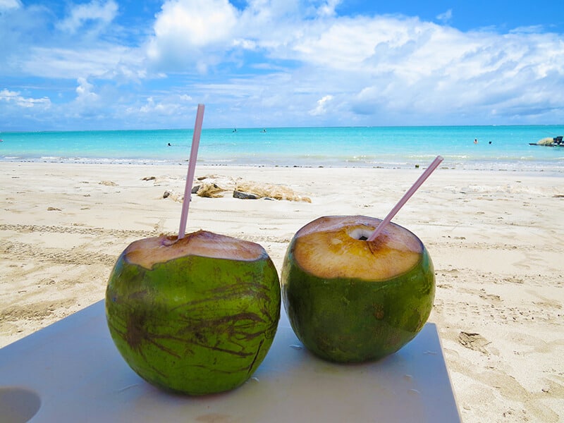 Noci di cocco con cannucce e spiagge bianche da sogno alle Isole Vergini