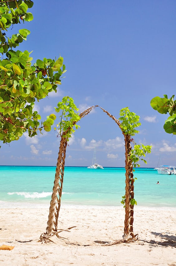 Arco di palme per matrimoni sulla spiaggia a St. Thomas, Isole Vergini